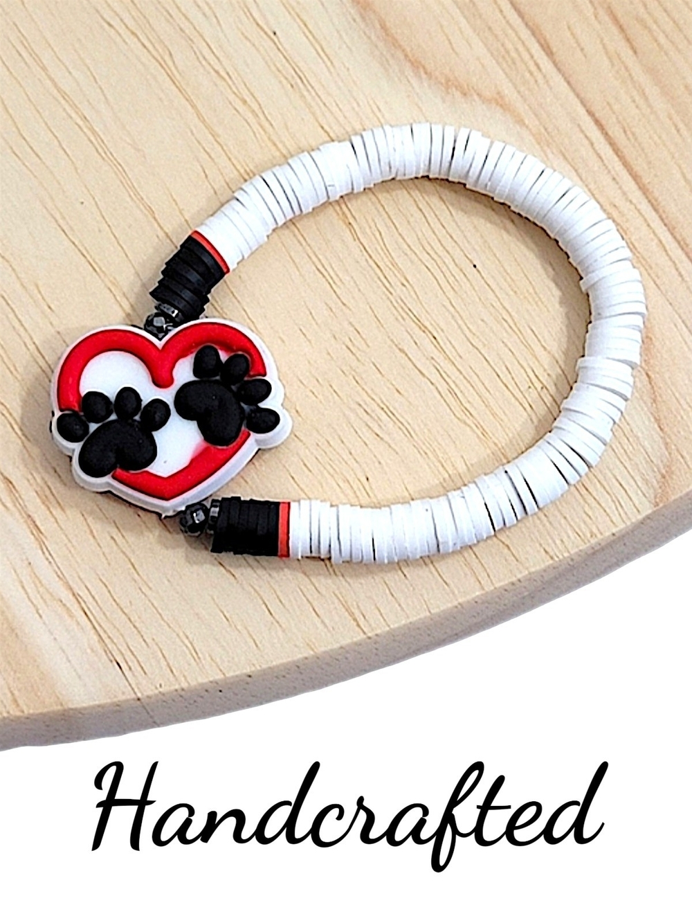 Hand Crafted Heart and Paw Beaded Bracelet Red White Black Clay Beaded Size 6"